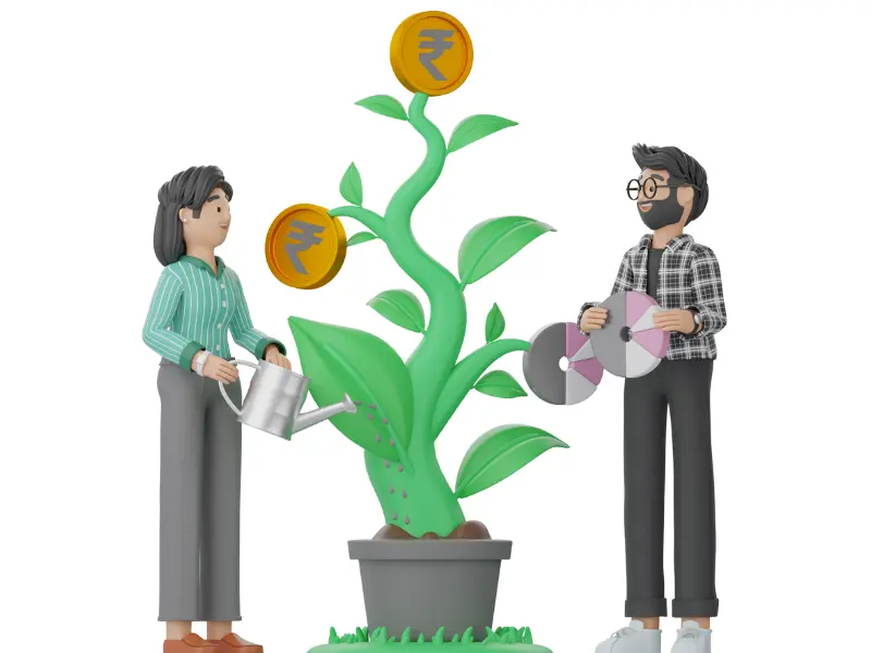 3D illustration of two people growing a money plant with coins and charts, representing investment in the best long-term stocks.
