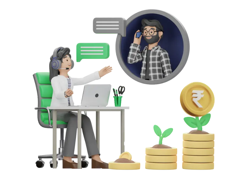 Financial planning consultation between advisor and client with rupee coin stacks and green growth indicators.