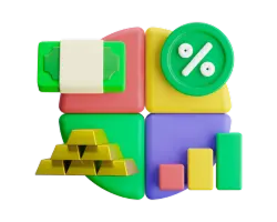 3D graphic of four colored blocks showing TTB-branded cash, a percentage icon, gold bars, and a rising bar chart; The Trade Bond allocates client capital for swing trading by optimizing cash reserves, gold exposure, and position sizing based on swing analysis.