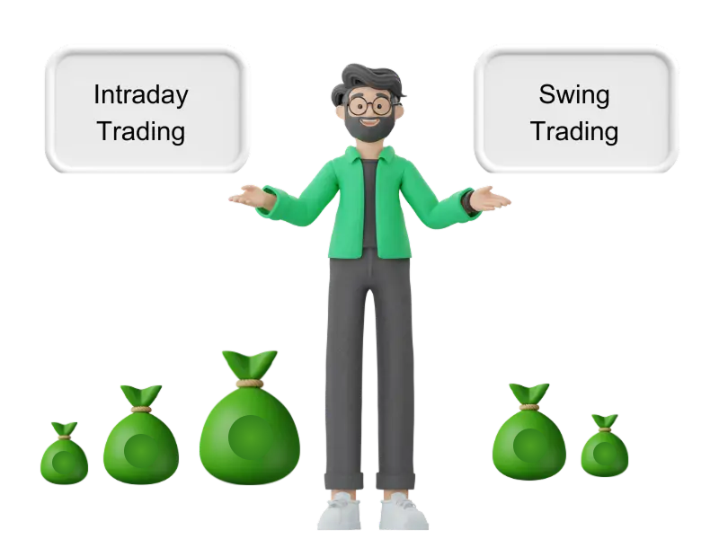 3D character comparing intraday and swing trading with money bags, representing profit differences in short-term trading.
