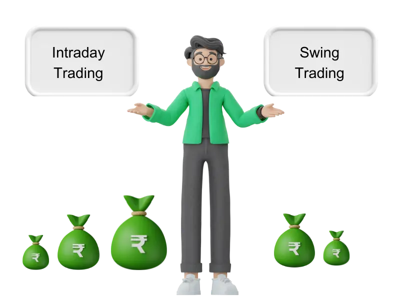 3D character comparing intraday and swing trading with money bags, representing profit differences in short-term trading.