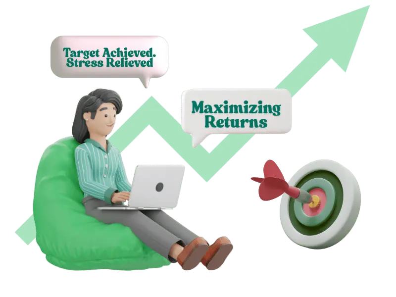 Investor using a laptop with upward graph and dartboard symbolizing successful swing trading strategies.