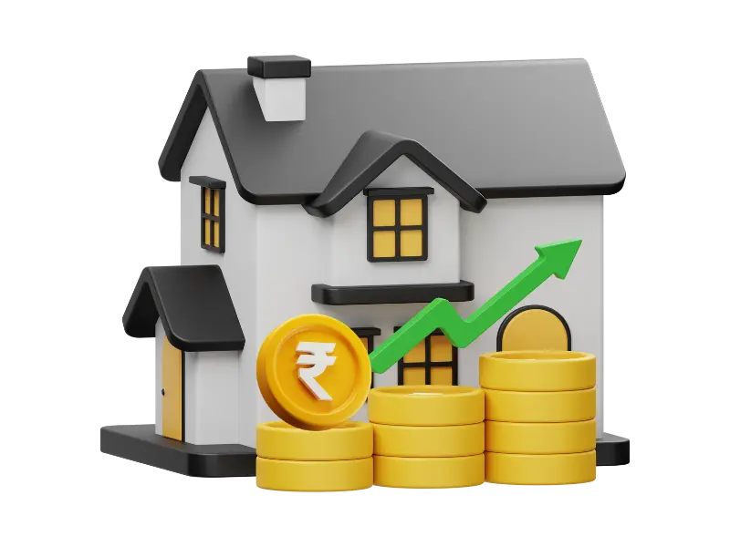 Financial planning illustration showing house, coins, and upward growth arrow.