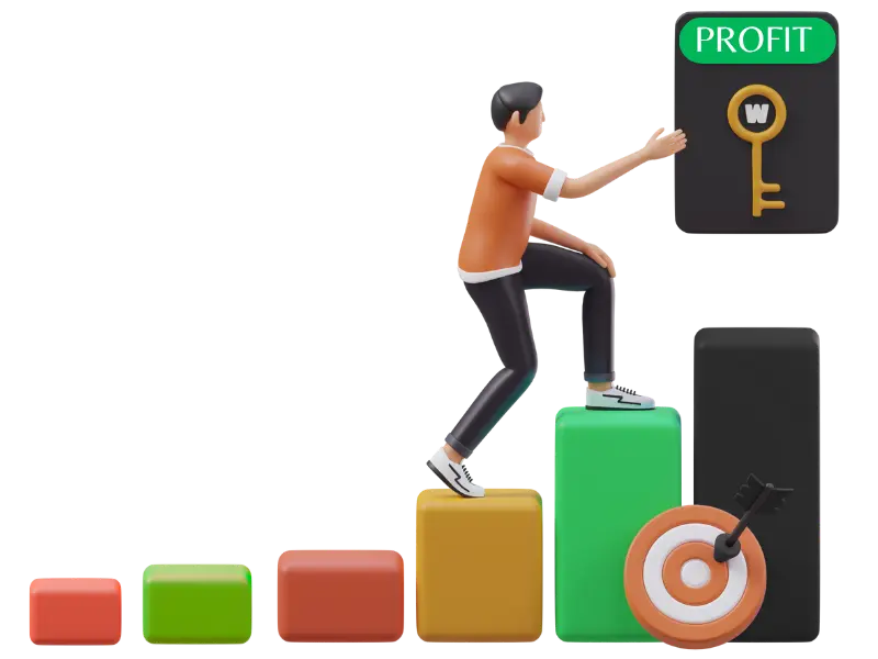 A person climbing colorful bar blocks toward a key labeled "Profit," symbolizing growth and success through guidance from a swing trading tips provider.